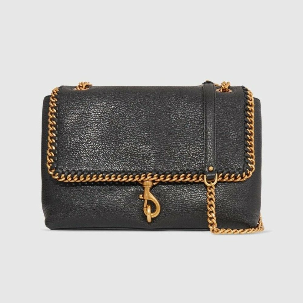 NWT Rebecca Minkoff Edie Medium Woven Leather Shoulder Bag BLACK / Gold AUTHENTC